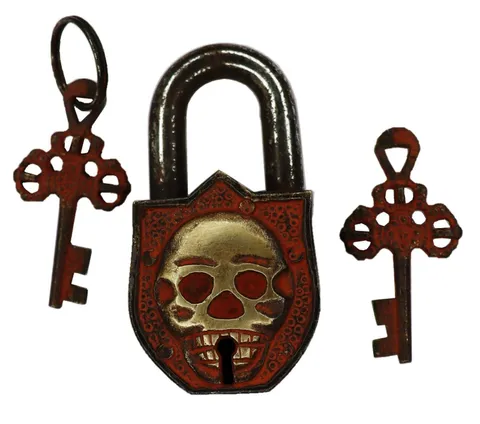 Skull Engraved Door Lock Antique Vintage Style Handmade Brass Padlock & Keys