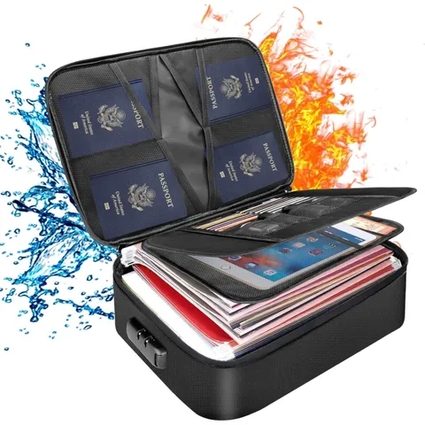 Document Bag with Lock, Fireproof 3-Layer File Storage Box, Black | Water-Res...