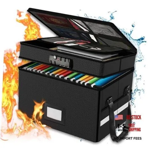 Fireproof Document Box with Lock, 2 Layer Fire Proof File Box for Documents