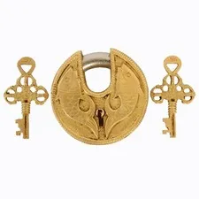 Antique Handcrafted Brass Feng Shui Fish Design Round Padlock with Working Keys