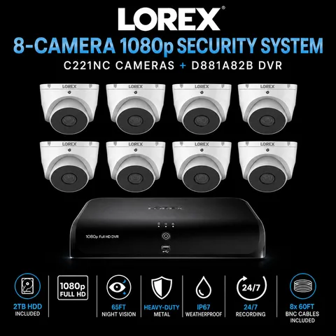 8 Camera 1080p C221NC Security System + 2TB DVR D881A82B LOREX