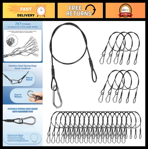 20 Pack Black Security Cables, 2ft Stainless Steel Wire Ropes, 50lb Load Capacit