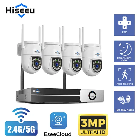 Hiseeu WiFi Security Camera System 16CH NVR 4PCS 3MP PTZ Cam CCTV 5G 500GB HDD