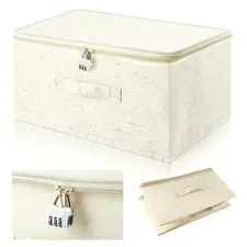 Beige Lockable Bag Storage Organizer Foldable Fabric Box 16x12x8 Inch Lid