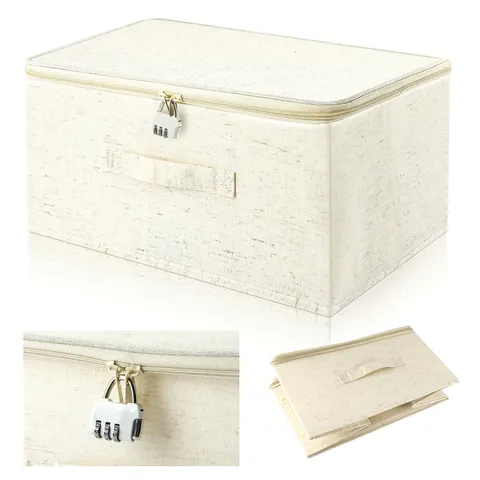 Beige Lockable Bag Storage Organizer Foldable Fabric Box 16x12x8 Inch Lid