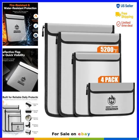 Fireproof Document Bag 4 Pack Waterproof 5200F Legal A4 Sized Storage Cash