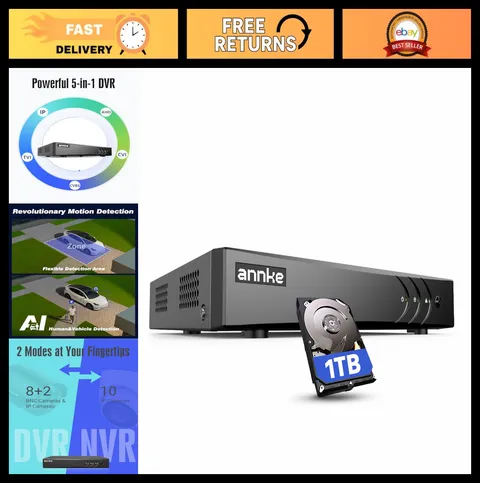 8CH Hybrid 5-in-1 Security DVR, H.265+ Surveillance, 1TB, Remote Access, AI Dete