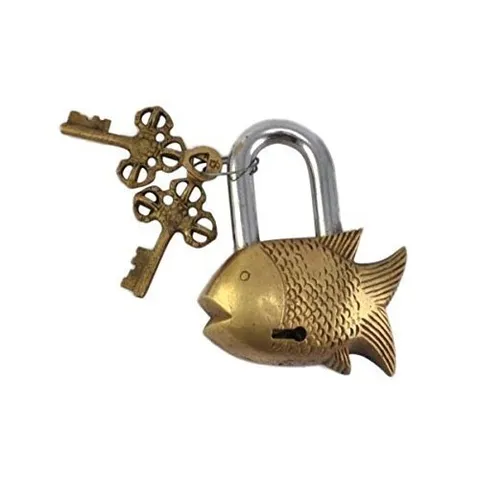 Handmade Vintage Style Fish shape Brass Padlock with Keys Working Functional F2