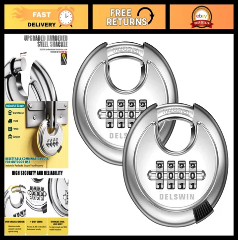 4-Digit Combo Lock Disc Padlock - Hardened Steel Shackle for Gates, Sheds, Stora