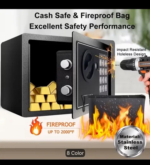 1pc Black Fireproof Safe With Money Bag& Sensor Light Digital Keypad Adjustable 