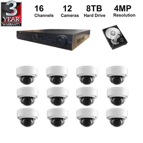 NVR Kit: 16CH NVR+Total 8TB Hard Drive+4MP Dome IP Cameras (12 Pieces)