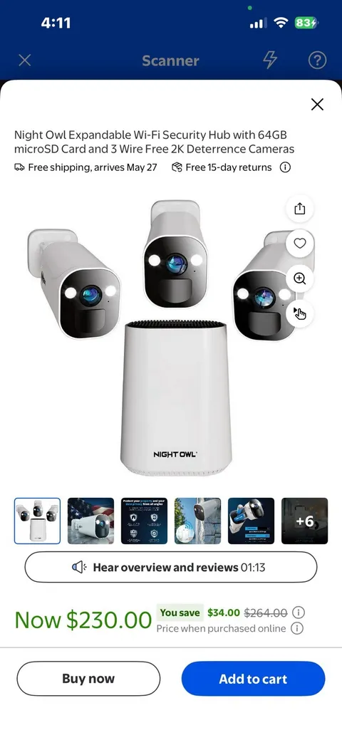 Night Owl 2K HD Battery Wi-Fi System Home Security Hub, 3 Cameras Indoor/Outdoor