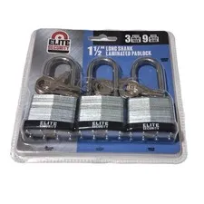 Elite Security 3-Pack 1-1/2" Long Shank Laminated Padlocks – Keyed Alike (9