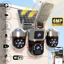6MP Solar Security Camera Wireless Outdoor WiFi 3-Lens PTZ CCTV Street Light Cam