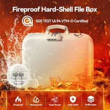 Fireproof Document Box with Lock & Shoulder Strap, Hard-Shell Fireproof File Org