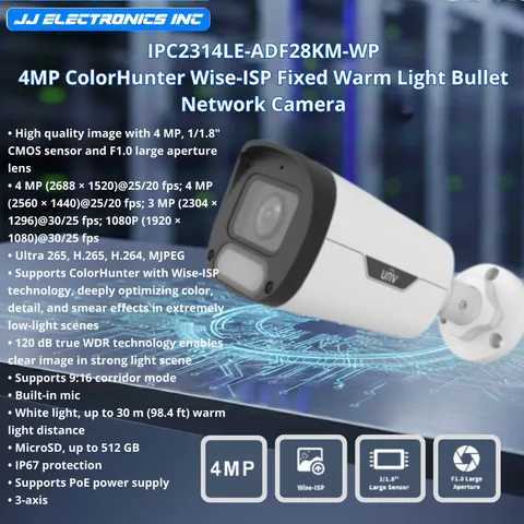 UNV 4MP OwlView ColorHunter Bullet IPC2314LE-ADF28KM-WP AI 24/7 Color Mic PoE