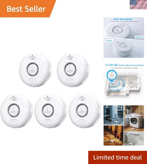 5 Pack Water Leak Alarm Detector, 120dB Loud Alert,  Waterproof