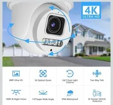 4K 8MP PoE PTZ Dome Security Camera 5XZoom ONVIF Night Vision IP CCTV Microphone