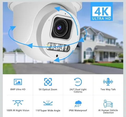 4K 8MP PoE PTZ Dome Security Camera 5XZoom ONVIF Night Vision IP CCTV Microphone