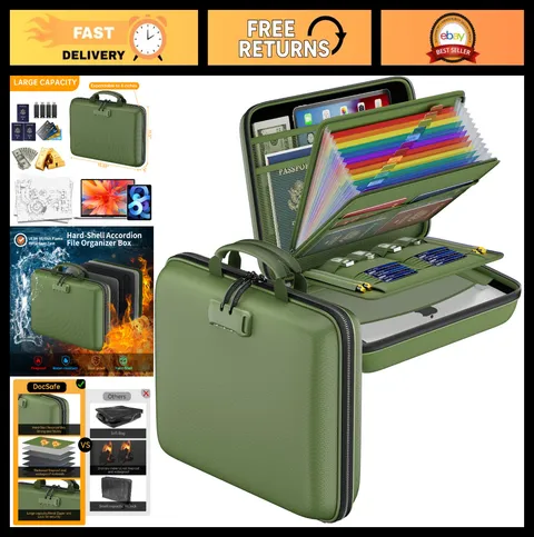 Fireproof Document Organizer with Lock, Portable Hard-Shell Case & 13 Pocket Fol