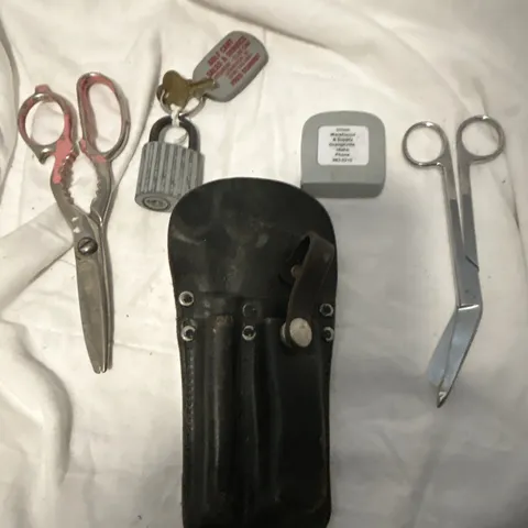 Eagle padlock union warehouse tape measure two scissors one pouch