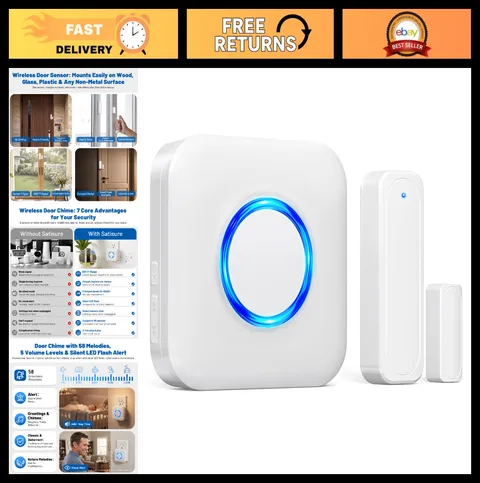 Wireless Door Chime Sensor Alarm for Home, Business, Store - Easy Install, Loud