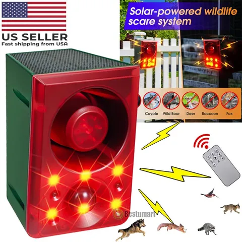 New Solar Motion Sensor Alarm 129db Dog Barking & Gunshot Dear Fox Raccoon Scare