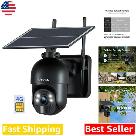 Outdoor Cellular Camera, 4G LTE Solar, 2K HD PTZ, Color Night Vision, 2-Way Talk