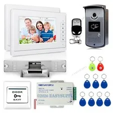 7" Video Door Phone Kit 1V2 + Strike Lock + Remote + Exit Button + Keyfobs + PSU
