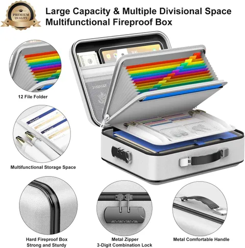 Gray Fireproof File Box w/ Lock Hard Case Document Organizer Safe Storage