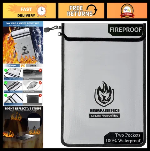 Fireproof Document Bag 15"x11" Waterproof Money Storage Organizer, 2 Pockets, Zi