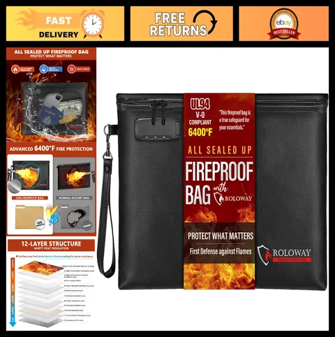Fireproof Document Bag 14.5x11.5" Money Pouch with Zipper & Lock, Safe for Cash