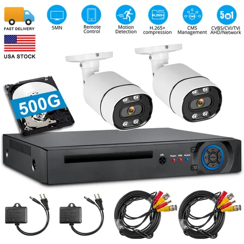 8CH H.265+ Surveillance DVR 5MP Security Camera IP66 Bullet Cameras 500G HDD