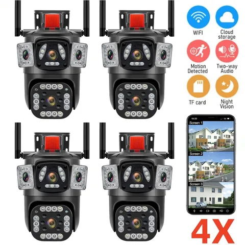 4K 9MP IP WiFi 360° 10X Zoom 3 Lens 3 Screens Security Camera System Outdoor PTZ