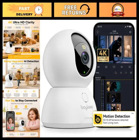 4K Indoor Security Camera, Pet Monitor with App, AI Human Detection, 360° Pan/Ti