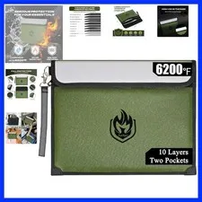 2 Pockets Fireproof Document Bag 6200°F, 10 Layers Waterproof Fireproof Money...