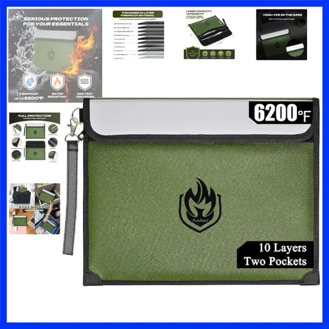2 Pockets Fireproof Document Bag 6200°F, 10 Layers Waterproof Fireproof Money...