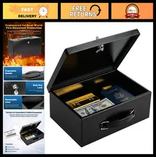 Fireproof Document Box with Key Lock - Small Safe for Jewelry, Cash, Passport, W
