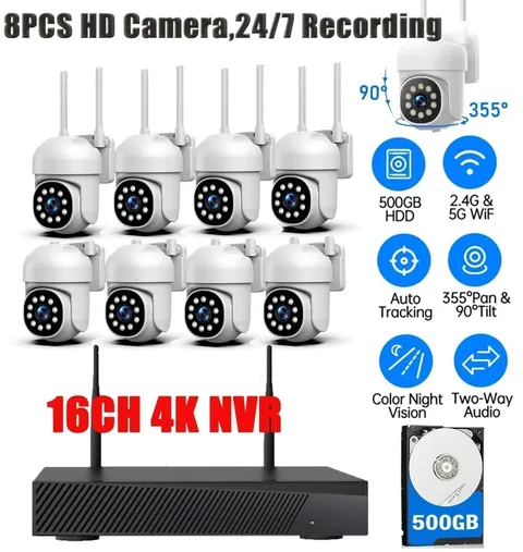 Wireless CCTV Security Camera Systems 16CH 4K NVR 8pcs Outdoor PTZ Cameras Audio