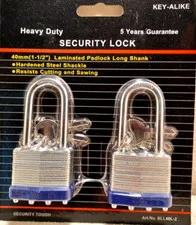 LOCKS 40 mm Padlock - 2 pc keyed alike - 1-1/2 " long shank padlocks