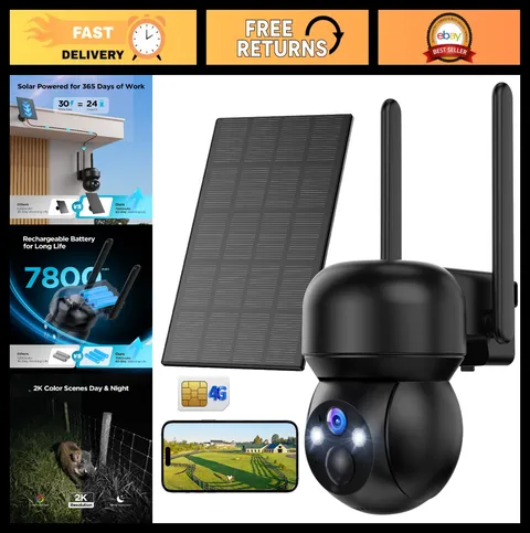 4G LTE Solar Security Camera Outdoor - No WiFi, 2K HD, Battery-Powered, 360° Vie