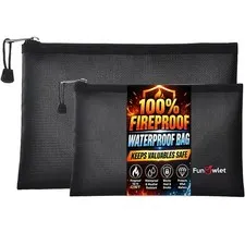 Fireproof Waterproof Money Document Bag, 2Pack Safe Pouch Black