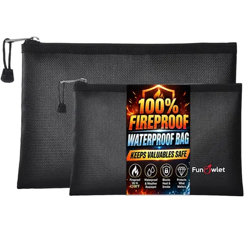 Fireproof Waterproof Money Document Bag, 2Pack Safe Pouch Black
