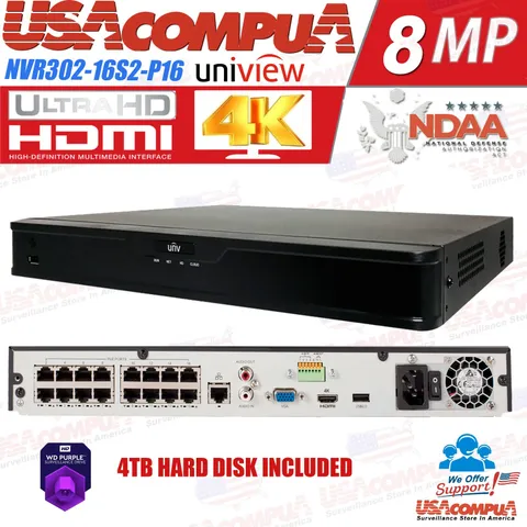 UNV Uniview 16 Channel 16 PoE NVR NDAA Compliant 4K Plug & Play PoE NVR 4TB PUR