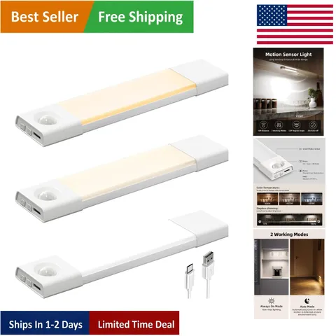 Smart Indoor 8” Motion Sensor Light Set - 3 LED Fixtures, Dimmable, USB-C Charge