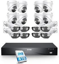 ZOSI 16CH 4K 8MP PoE NVR Security Camera System 8x Dome 4TB HDD AI Audio Outdoor
