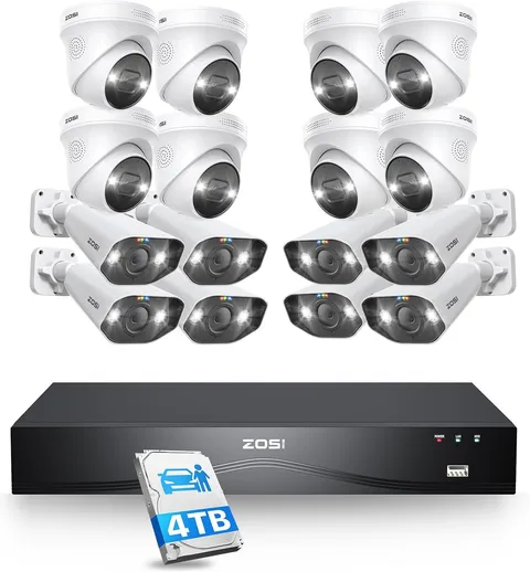 ZOSI 16CH 4K 8MP PoE NVR Security Camera System 8x Dome 4TB HDD AI Audio Outdoor