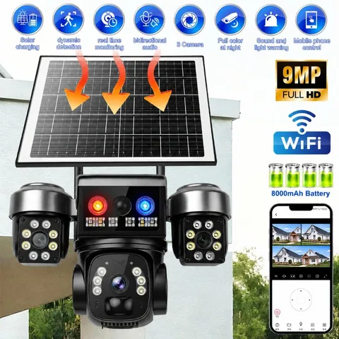 9MP FHD Security Camera WIFI Solar Camera 3 Lens PTZ CCTV Night Vision Outdoor