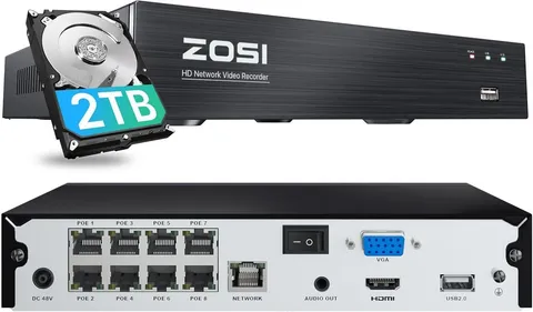 ZOSI 4K 8CH POE NVR with 2TB HDD 8 Channel 8MP Network Video Recorder Detection