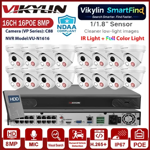 Vikylin SmartFind 16CH NVR 8MP Dual Light Night Vision CCTV Camera System Lot